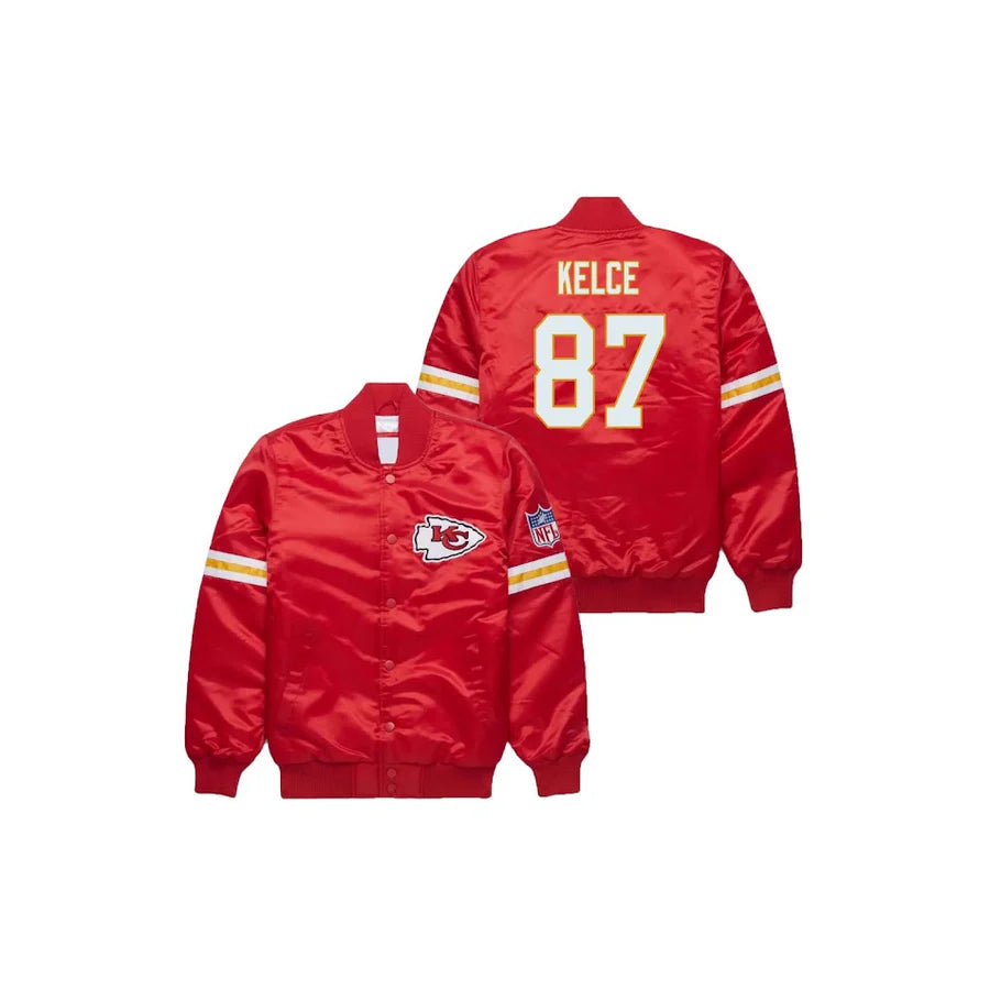 Travis Kelce Kansas City Chiefs Satin Bomber Jacket - Jersey and Sneakers