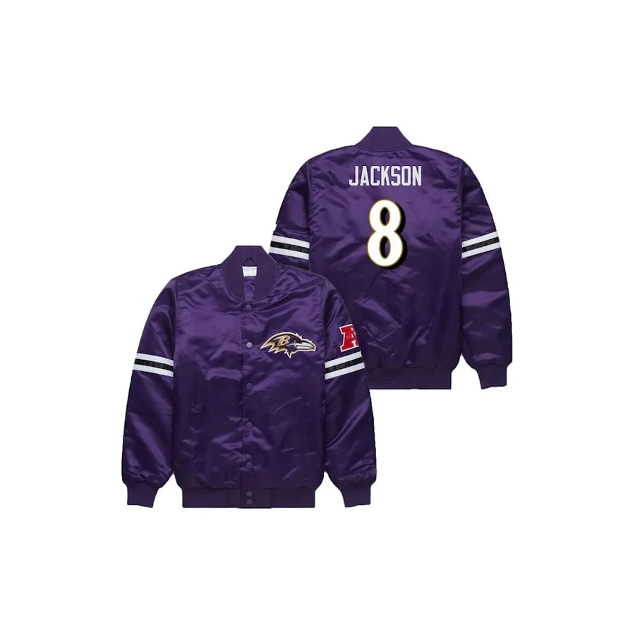 Lamar Jackson Baltimore Ravens Satin Bomber Jacket - Jersey and Sneakers