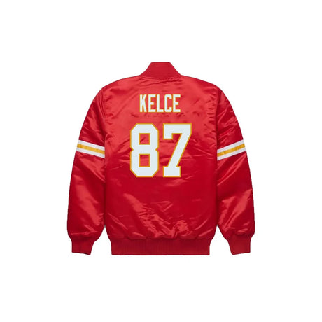 Travis Kelce Kansas City Chiefs Satin Bomber Jacket - Jersey and Sneakers