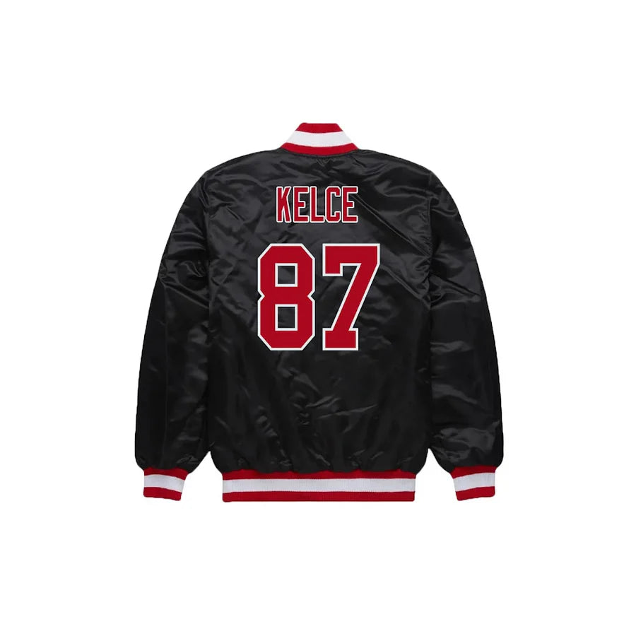 Travis Kelce Kansas City Chiefs Satin Bomber Jacket - Jersey and Sneakers