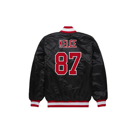 Travis Kelce Kansas City Chiefs Satin Bomber Jacket - Jersey and Sneakers